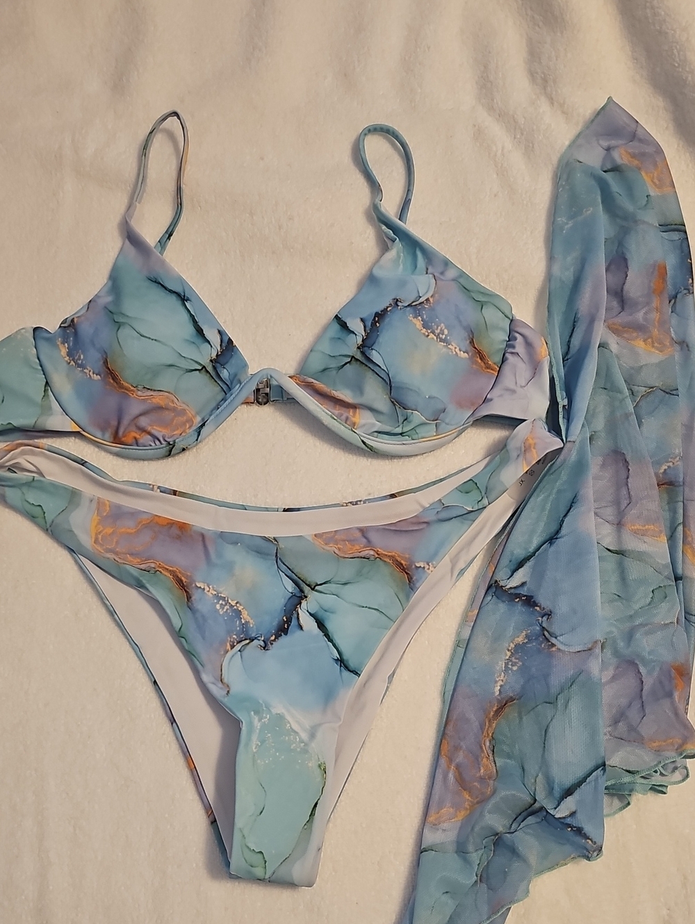 Women’s Blue Marble Print Bikini Set with Sarong